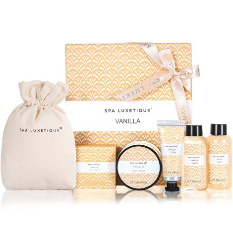 Spa Luxetique Gift Set for Her: Vanilla bath essentials with hand cream, body lotion, shower gel, and bubble bath. Perfect for Christmas or Mother’s Day.