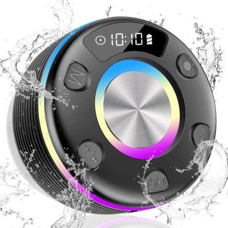 OYIB Bluetooth Shower Speaker: Waterproof wireless speaker with powerful sound, colorful lights, built-in microphone, and suction cup. Perfect for parties, outdoors, bathroom, and travel.