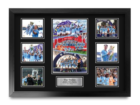 Framed signed photograph – Celebrating Man City’s 2023 treble – ideal for football fans in Britain.