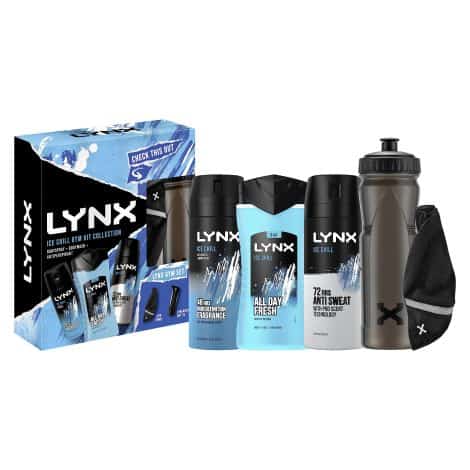 The LYNX Ice Chill Gym Set includes a Water Bottle, Towel, and Body Care products for his daily routine.