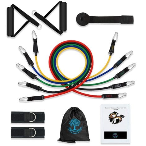 Resistance band set for both genders. Perfect home gym equipment for workout, physio, pilates, yoga. Includes accessories and carrying pouch.