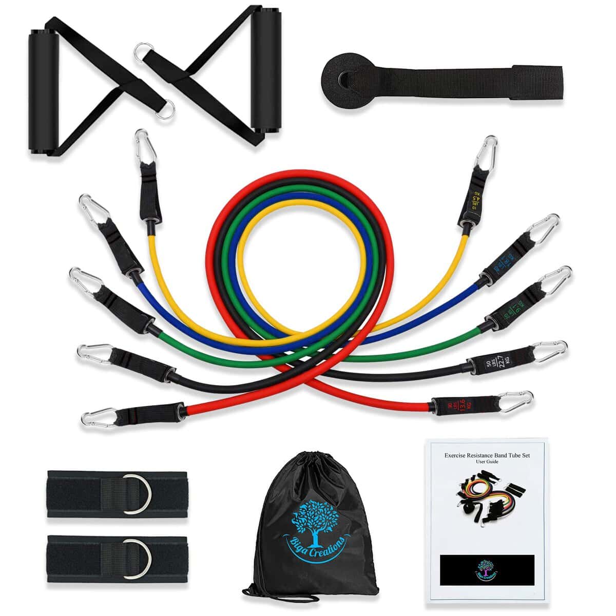 Resistance band set for Men/Women. Home Gym Exercise equipment. Workout fitness tubes stackable to 150lbs with 2 Foam Handles, ankle straps, door anchor & Carrying Pouch. For Physio Pilates Yoga