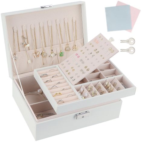 TEIVUL Jewellery Box: 2-Layer PU Leather Organizer with 2 Keys and Cleaning Cloth. Ideal Gifts for Women.