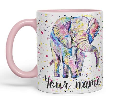 Vixar Personalised Elephant Mug – A Beautiful Ceramic Cup with Wild Animals Watercolour Art (Pink)