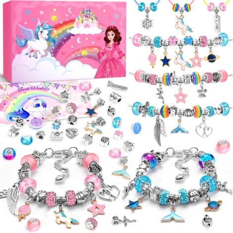 Bracelet making kit, perfect for teenage girls, includes unicorn-themed items. Ideal birthday or Christmas gift. Suitable for ages 8-12.