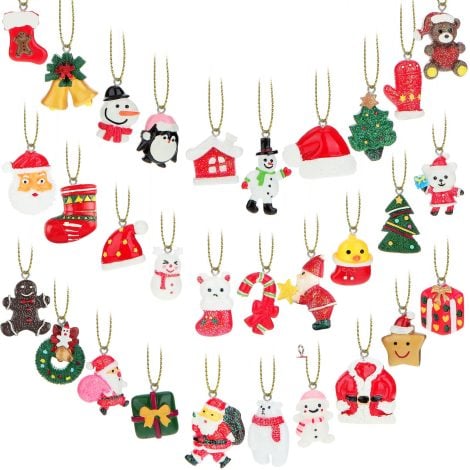 Miniature Christmas Tree Decorations Set – Chic Style, 30 Resin Ornaments featuring Santa Claus, Snowman, Angels.