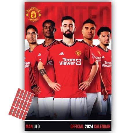 Official Manchester United A3 Calendar 2024 – Your perfect football gift with handy organising stickers.