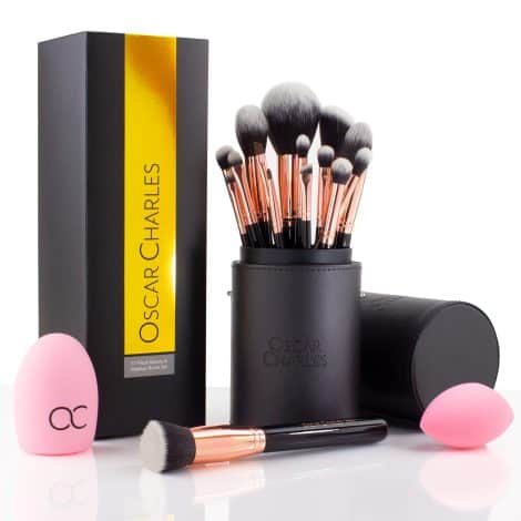 Oscar Charles 17 Piece Makeup Brush Set: includes case, beauty blender, brush cleaner, guide and gift box.