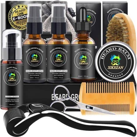 Beard Care Set for Men – Includes Beard Wash, Serum, Oil, Balm, Comb, Brush, Scissor, Bag, EBook. Perfect Christmas gift.