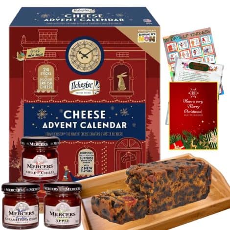 2023 Ilchester Cheese Advent Calendar, including chutney, fruit cake, and 24 individually wrapped cheese selections. Perfect for Christmas!