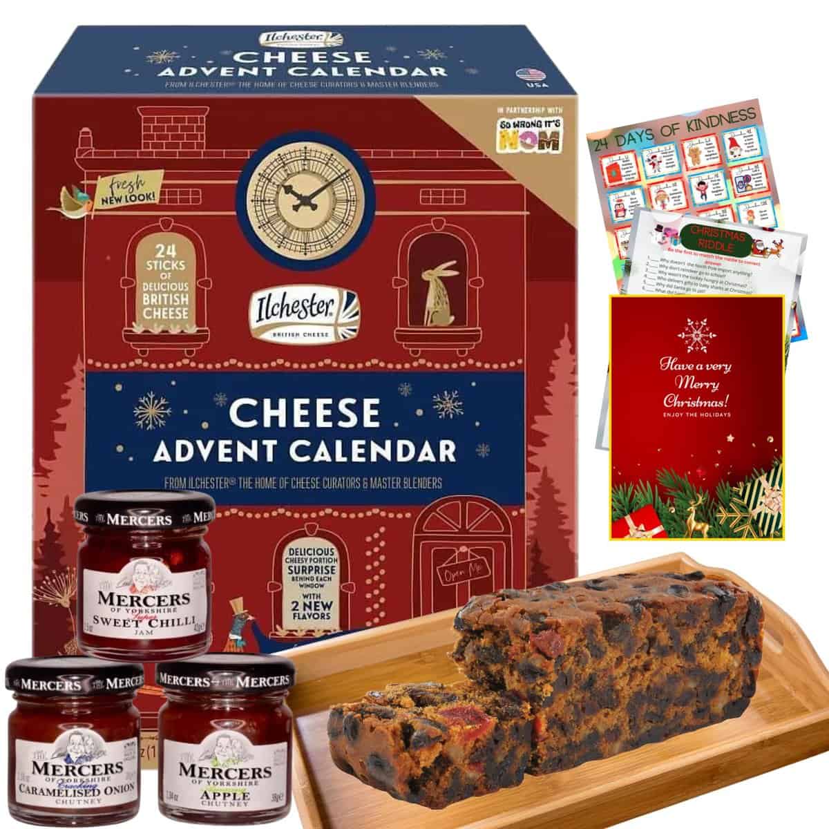 Ilchester Cheese Advent Calendar 2023, Chutney 3x and Fruit Cake - 24 Individually Wrapped Cheese Selection - Unique Food Advent Calendar for Men and Women, Christmas Hamper, Cheese Gifts for Adults