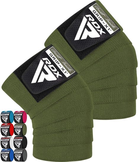 RDX Knee Wraps, suitable for weightlifting & powerlifting, with 78″ elasticated straps for gym workouts. Perfect for men and women.