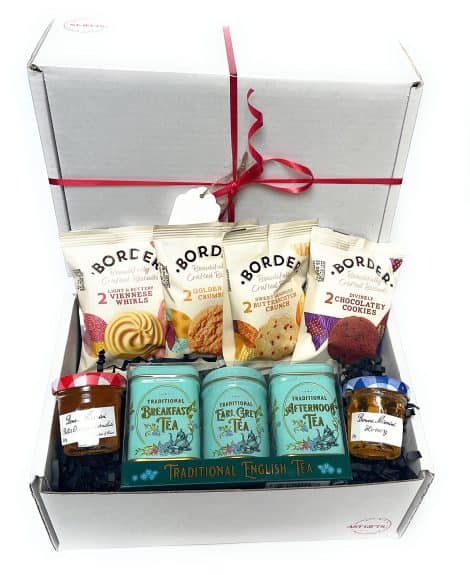 All Occasions Tea Gift Set Hamper with a selection of Border Biscuits, Marmalade, Honey, and Mini English Tea Tins. Perfect for tea lovers!