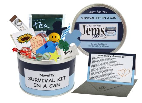 Funny tin gift containing everything needed to celebrate an anniversary, perfect for men. Personalize the can’s color.