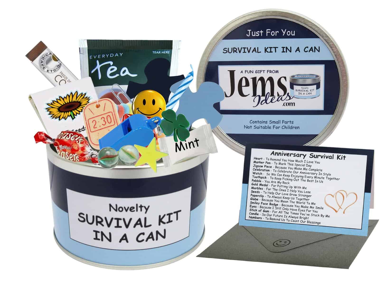 Anniversary Survival Kit In A Can. Humorous Novelty Gift - Male Anniversary or Wedding Anniversary Present & Card All In One. Gifts For Him/Gifts For Men. Boyfriend, Fiance, Friend, Husband, Partner. Customise Your Can Colour. (Blue/Navy)