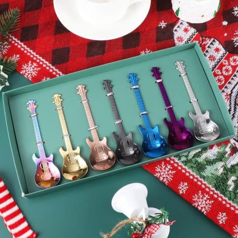 Guitar-themed coffee spoons, a set of 7 stainless steel spoons, perfect for music lovers’ coffee enjoyment.