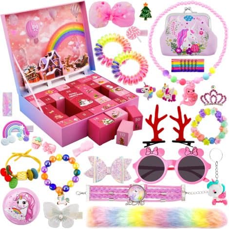 Christmas Countdown Calendar 2023 for Girls, 24 Days of Fun Jewelry Gifts including unicorn-themed hair accessories, bracelet, and more.