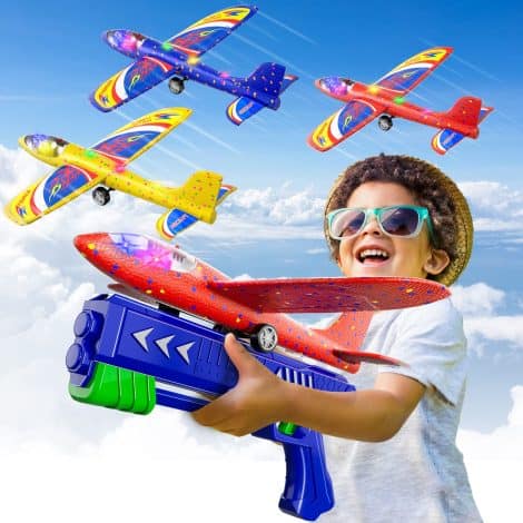 Doloowee 3 Pack Airplane Launcher: LED Foam Glider Catapult for outdoor fun, perfect birthday gift. (Blue)