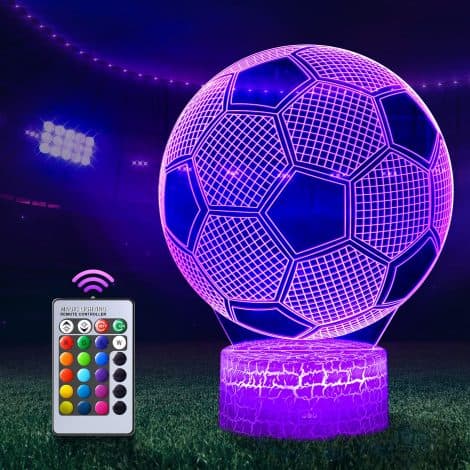 Football Night Light, an ideal gift for boys and girls – a 3D illusion lamp with 16 color options and remote control. Perfect for sport fans’ desk decoration. Great for birthdays and Christmas.