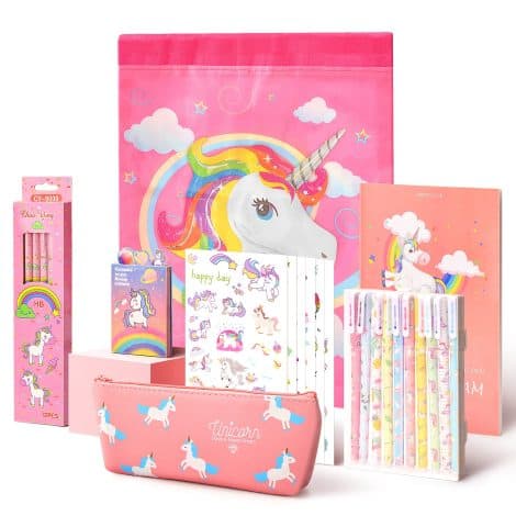 Magical Unicorn Stationery Set including Notebook, Pencil Case, and Pens, perfect for girls aged 6-12. Pretty in Pink!