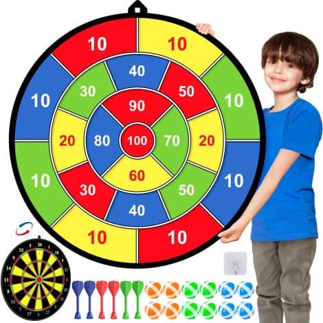 29 Inches children’s dartboard set, includes a reversible board, sticky balls, darts. Suitable for indoor/outdoor fun. Ideal for all ages.