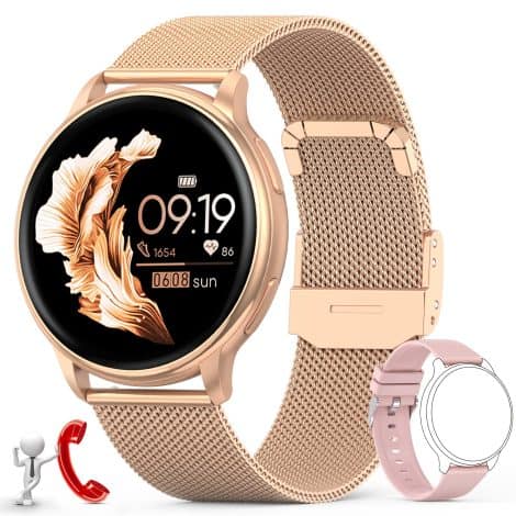 Women’s smartwatch with Bluetooth calling, 1.32″ touch screen, IP67 waterproof, heart rate monitor, and more. Compatible with iPhone and Android.