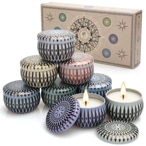 Eight-pack of scented soy wax tin candles in lavender, vanilla, and sage scents. Perfect for gifting!