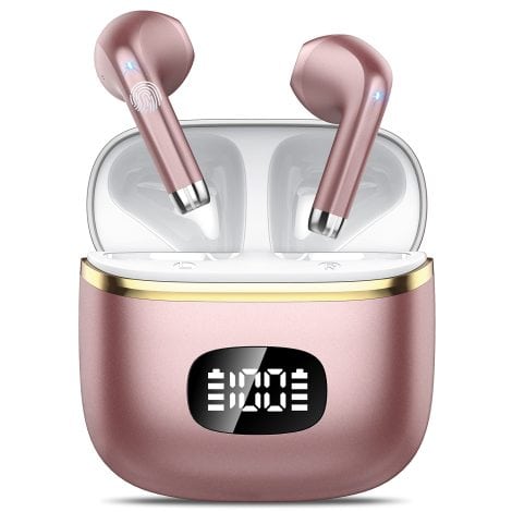 Rose Gold Bluetooth Earphones: Wireless earbuds with 40-hour playtime, ENC noise-canceling mic, and IP7 waterproof rating.