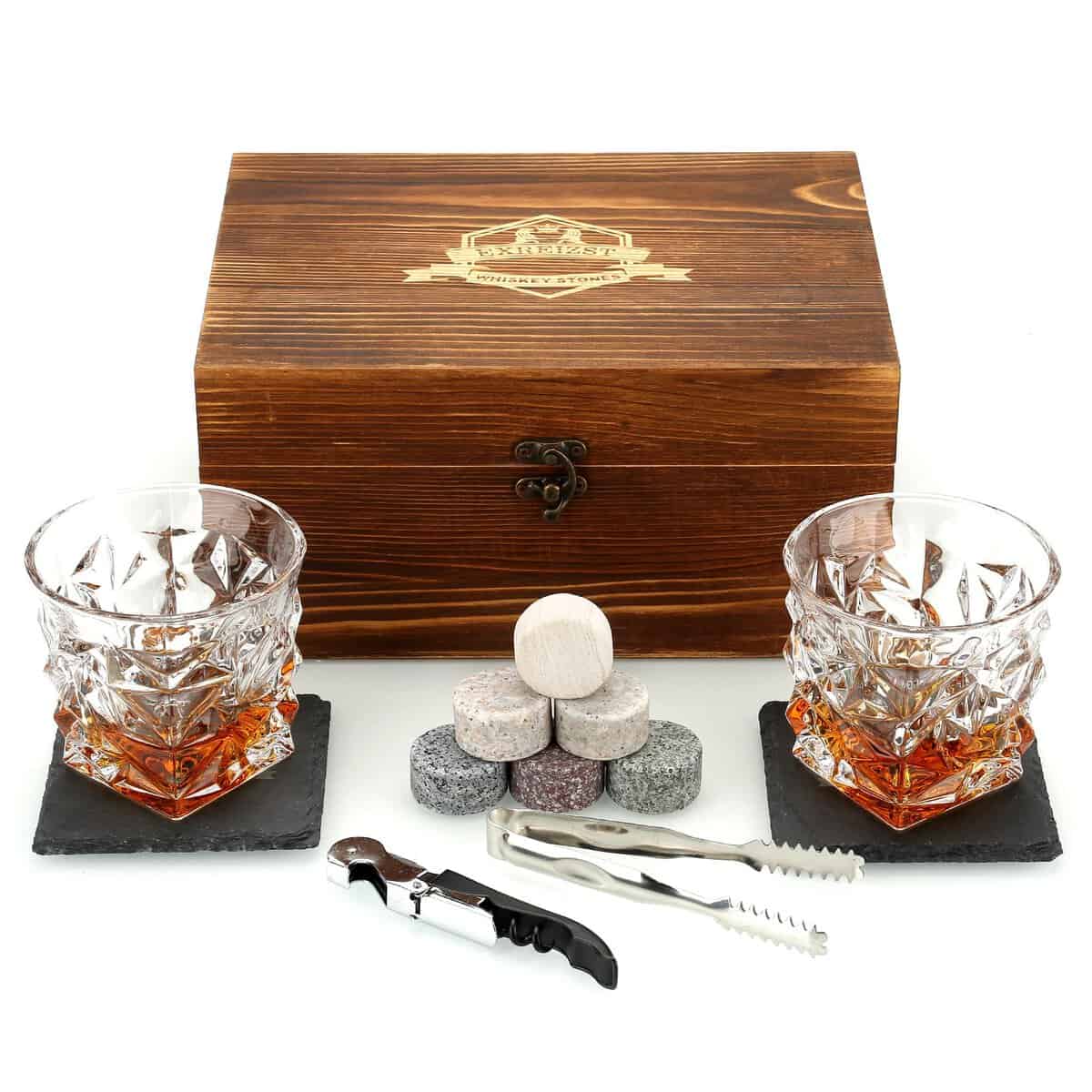 Large Whisky Stones and Glasses Gift Set,Whisky Rocks Chilling Stones in Handmade Wooden Box-Cool Drinks Without Dilution-Whisky Glasses Set of 2,Six Big stones，Gift for Dad,Husband,Men