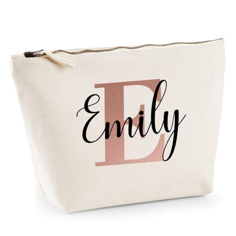 Customizable Rose Gold Initial and Name Makeup Bag – Personalized Birthday Present for Her – Cosmetic Travel Pouch.