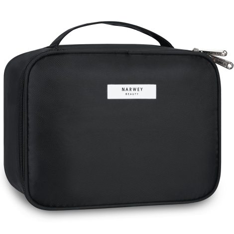 Large cosmetic bag for women to conveniently organize makeup items while traveling, now available in black.