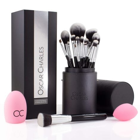 Oscar Charles 17-Piece Pro Makeup Brush Set: Brushes with Case, Beauty Sponge, Cleanser, Guide & Box.