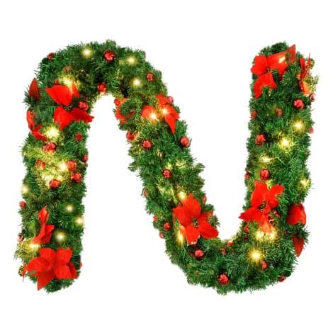 9FT Festive Christmas Garland Decoration, 2.7M Wreath Garland Xmas for Fireplaces and Stairs. Includes Lights, Red Flowers, and Balls, perfect for Holiday and Wedding Party Décor.