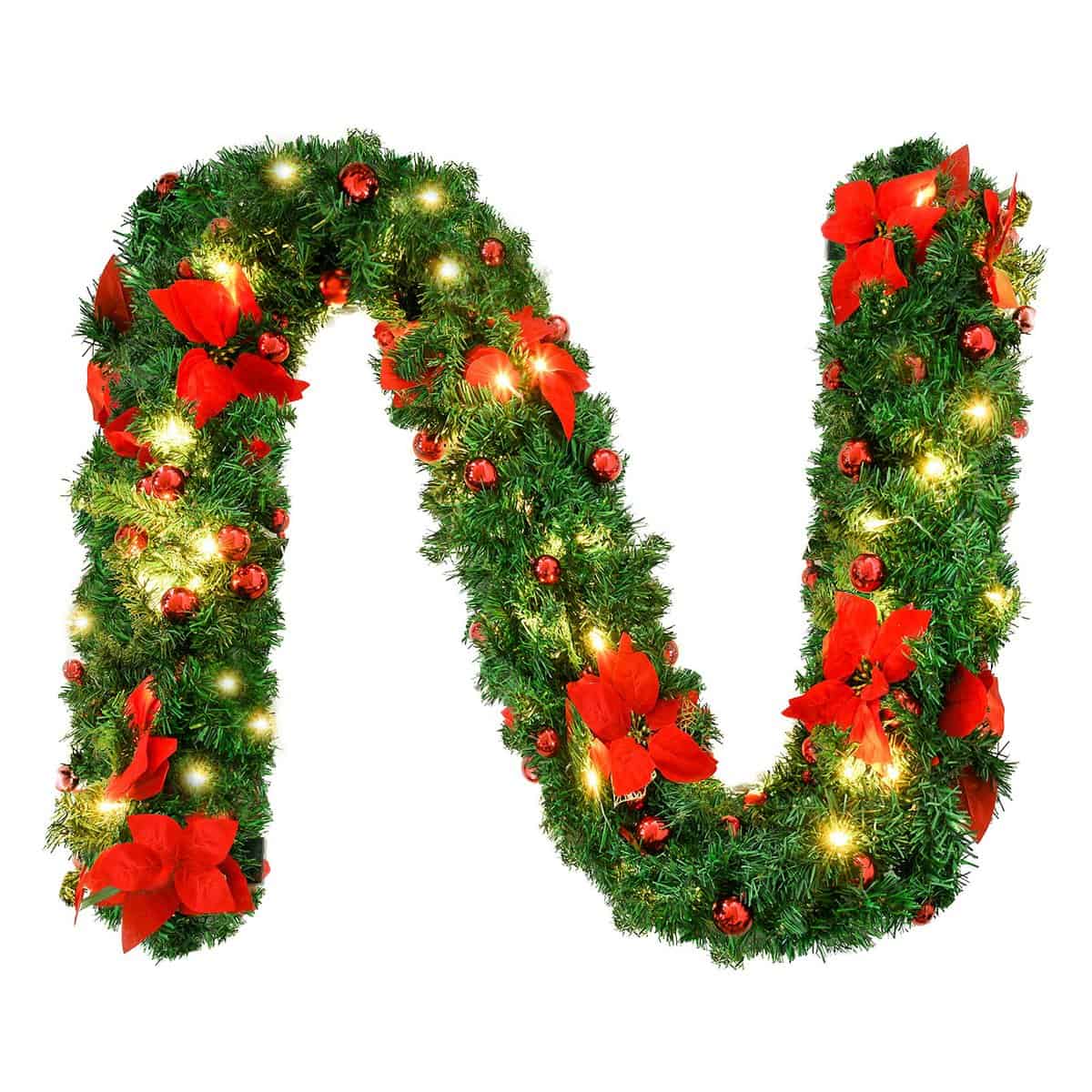 9FT Christmas Garland Decorations, 2.7M Wreath Garlands Decorations Xmas for Fireplaces Stairs, Christmas Garlands with Lights, Red Flower and Red Ball, Holiday, Wedding Party Decoration