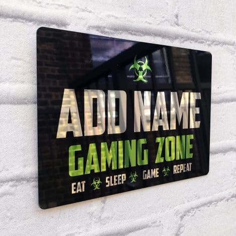 Custom A5 Metal Mirror Gamer Sign – Personalised Wall Art Plaque for Gaming Zone Caution in Bedroom.