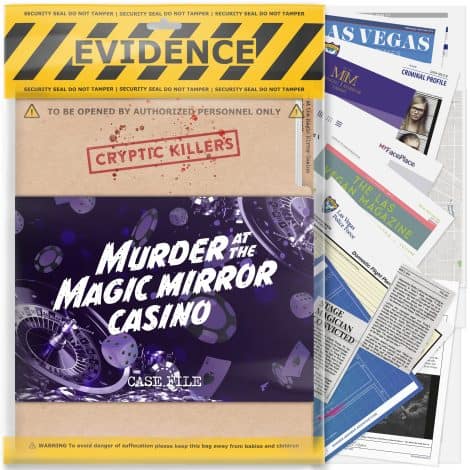 British Detective Challenge: Solve the enigmatic “Murder at the Magic Mirror Casino” with friends, perfect for date nights and parties.