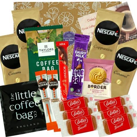 Coffee enthusiasts gift set: includes gourmet coffee, indulgent biscuits, and a selection of luxurious chocolates. Perfect for couples, birthdays, and expressing gratitude. British-made gift package.