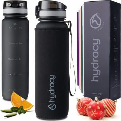 Large 1 litre Hydracy Water Bottle, BPA-free, with time marker, fruit infuser, and leak-proof design. Perfect for fitness and outdoor activities.