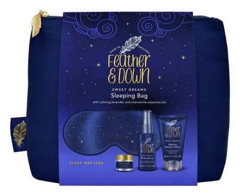 Luxurious Sleep Set: Feather & Down Bundle includes eye mask, balm, spray, cream; infused with soothing lavender & chamomile. Vegan & Ethical.