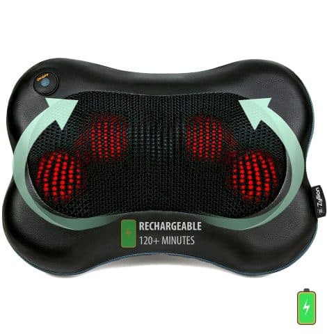 Zyllion’s 3D Kneading Massage Pillow soothes back and neck muscles with heat, cordless and rechargeable. (ZMA-13RB-BK)