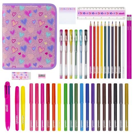 abbyc 44 Piece Sparkly Pencil Holder – Stationery Kit for Girls with Pencil Case, Pens, and Stationary – Ideal for School – Charming Presents for Girls.