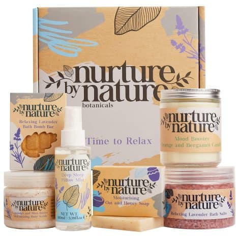 Indulge your senses with Nurture by Nature’s Relax & Calm gift set, including lavender-infused goodies for a tranquil experience.