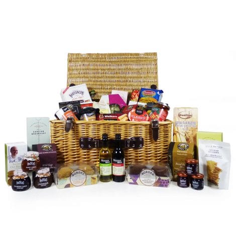 “Wicker Delights” – Luxurious food and drink hamper with 40 gourmet items and 2 wine bottles. Perfect gift for special occasions.