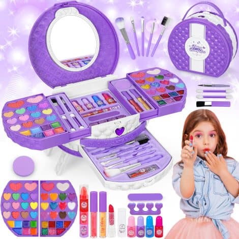 “All-in-one Makeup Set for little princesses, including 66 pieces with a convenient portable stand. Perfect birthday gift!”