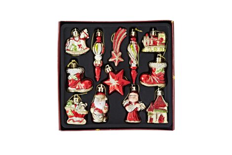 Christmas Classics – Elegant set of 12 red and gold tree ornaments – traditional and exquisite designs.