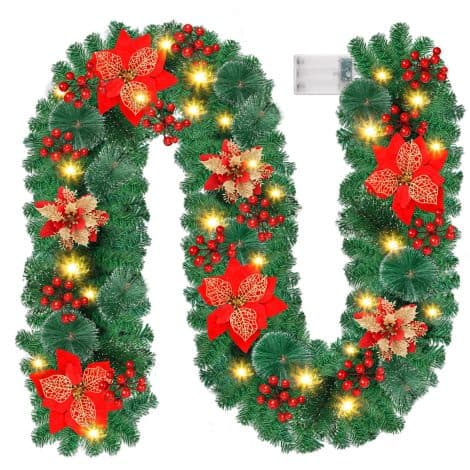 Christmas Garland with Lights, 2.7m Festive Stair Garland, Xmas Wreath with Berries – Perfect Decoration!