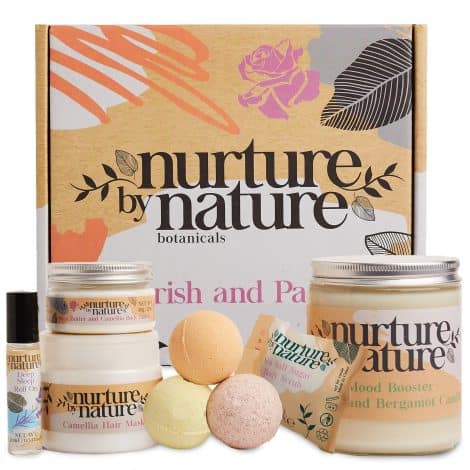 Indulge & Unwind Set: A luxurious pampering gift for ladies, featuring hair mask, bath bombs, body scrub, body butter, lavender roll on, candle.