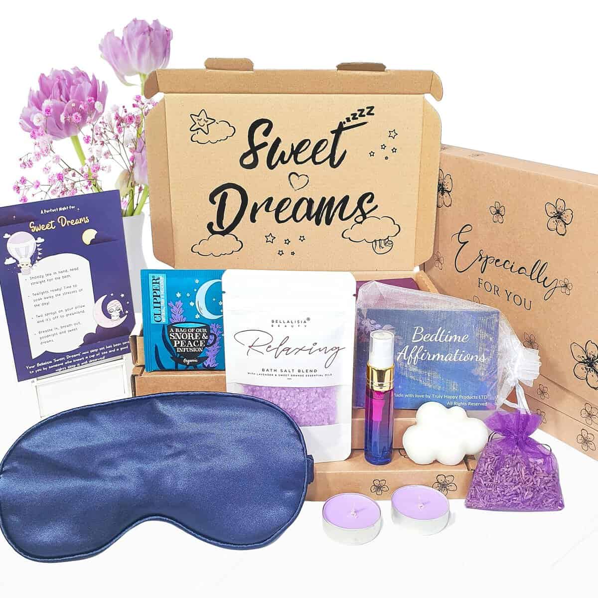 Bellalisia Sleep Gift Set For Men and Women. Lavender Relaxation Gifts with Relaxing Bath Salts, Sleep Mask, Affirmation Cards, Pillow Spray, and More for a Perfect Night's Sleep Ahh and Relax.