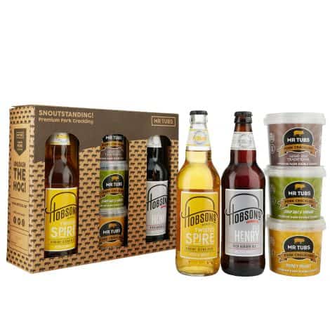 “Indulge in Mr Tubs’ Pork Crackling & Beer Gift Set – 3 tubs of crackling and 2 beers, infused with real ale.”