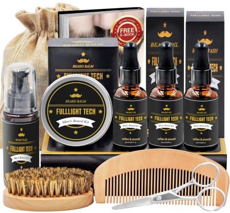 Men’s Beard Grooming Set: Includes beard wash shampoo, 3 pack beard oil, shaper, brush, balm, comb, scissors. Great gift!